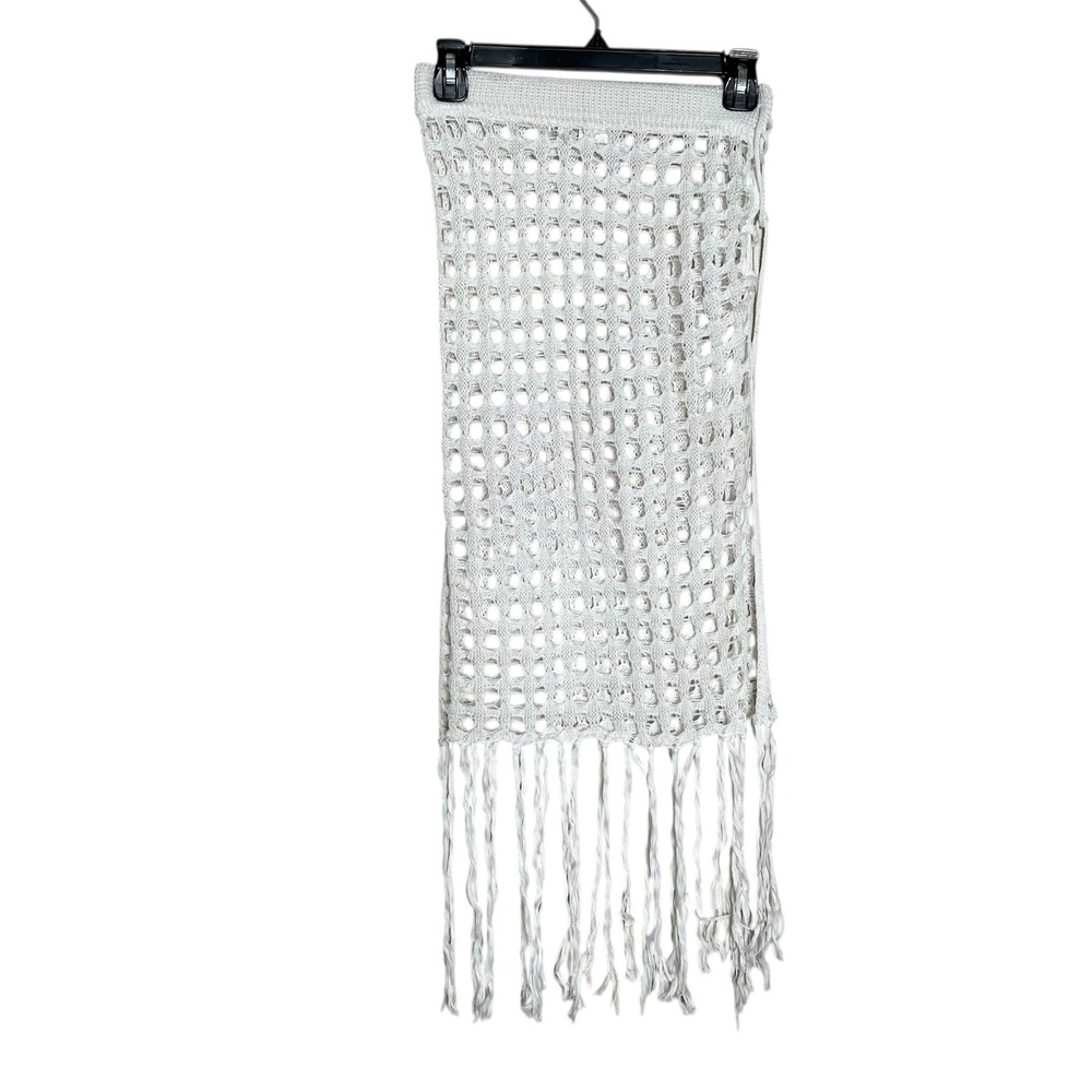 White Crochet Swim Cover Up Skirt Lace Up Side‎ Fringe Hem Open Knit SWCOVER0419